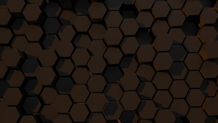 Abstract background with waves made of black futuristic honeycomb mosaic geometry primitive forms that goes up and down under orange back-lighting. 3D illustration. 3D CG. High resolution.