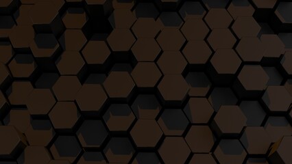 Abstract background with waves made of black futuristic honeycomb mosaic geometry primitive forms that goes up and down under orange back-lighting. 3D illustration. 3D CG. High resolution.