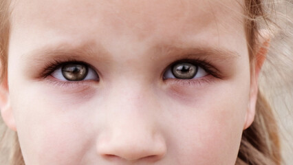 Portrait of a sad unhappy child girl.   Baby's beautiful eyes close up. Children, psychology, care, inner world, sadness, feelings concepts