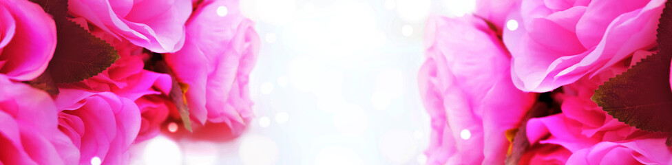 Bouquet of roses flowers panorama. Greeting gift card background . White background with copy space. Template banner