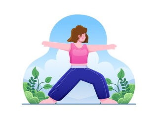 Illustration Healthy Woman exercises yoga with Warrior pose Virabhadrasana pose on the outdoor.
International Yoga Day Vector Concept.
Can Be used for web, landing page, app, banner, poster, etc