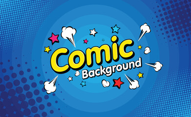 Pop art comic background halftone dots. Vector illustration on blue