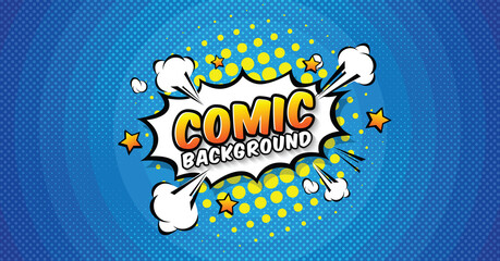 Pop art comic background with halftone dots and star. Cartoon Vector Illustration on blue
