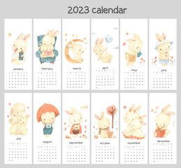 Bunny 2023 new year calendar. Watercolor alimal illustration