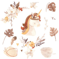 Watercolor  unicorn and boho elements. Illustration for kids © Olga Listopad