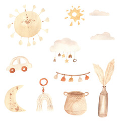 Watercolor boho nursery elements, illustration for kids