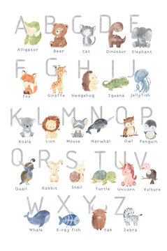ABC alphabet with animals. Watercolor illustration for kids