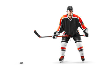 Professional hockey player start the game. Sports emotions. Hockey concept. Isolated on the white