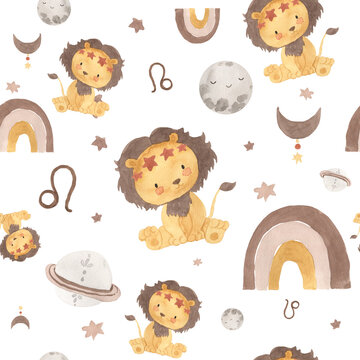 Watercolor lion seamless pattern, zodiac signs, horoscope illustration for kids