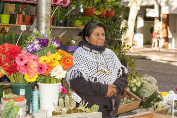 Naklejka premium aboriginal woman working in a flower stall, fighter, humble, hardworking, female empowerment concept