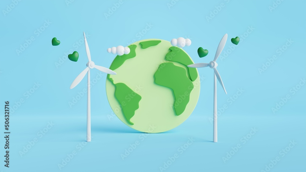 Poster earth, wind turbine and hearts on pastel color background.minimal scene for mockup design. 3d render