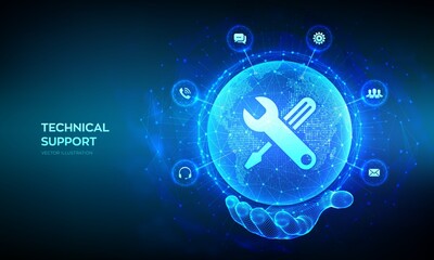 Technical support. Customer help. Global international tech support. Customer service, Business and technology concept. Earth globe in wireframe hand. Vector Illustration.