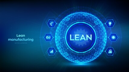 Lean. Six sigma smart industry, quality control, standardization. Lean manufacturing DMAIC. Business and industrial process optimisation concept. Hexagonal grid sphere background. Vector illustration.