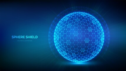 Sphere with hexagon pattern on blue background. Abstract cyberspace technology concept of protection, anti virus, security. Vector illustration.