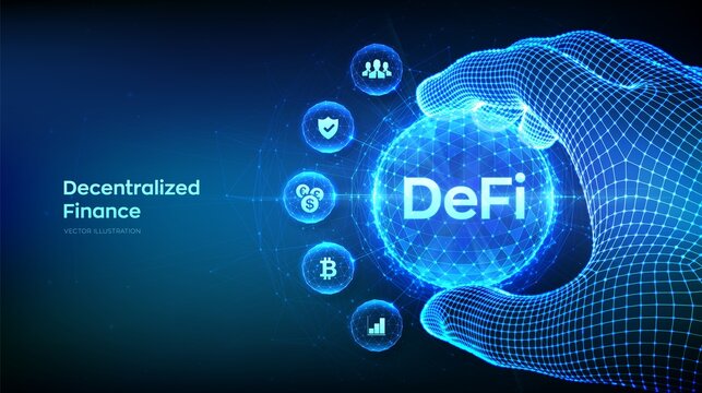 DeFi. Decentralized Finance. Blockchain, decentralized financial system in the shape of polygonal sphere in wireframe hand. Business technology concept on blue background. Vector illustration.