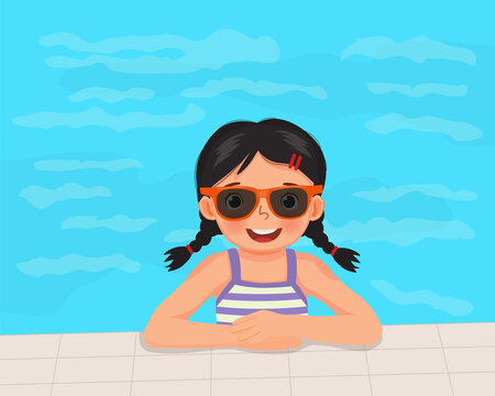 cute little girl in swimsuit and sunglasses having fun on swimming pool in summertime