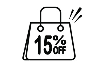 15 percent discount bag. Black and white banner with floating bag for promotions and offers.