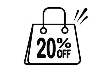 20 percent discount bag. Black and white banner with floating bag for promotions and offers.