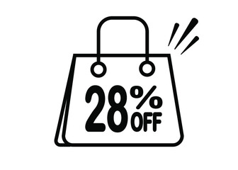 28 percent discount bag. Black and white banner with floating bag for promotions and offers.