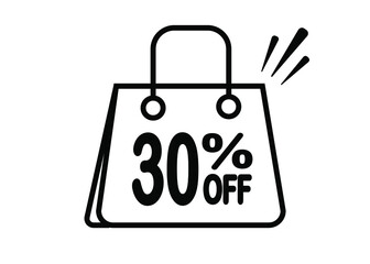 30 percent discount bag. Black and white banner with floating bag for promotions and offers.