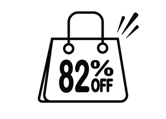 82 percent discount bag. Black and white banner with floating bag for promotions and offers.