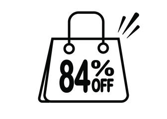 84 percent discount bag. Black and white banner with floating bag for promotions and offers.