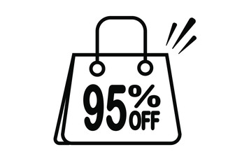 95 percent discount bag. Black and white banner with floating bag for promotions and offers.