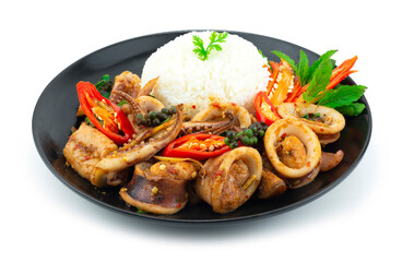 Stir Fried Spicy Squids with Thai Herbs Served Rice