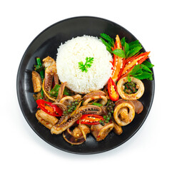 Stir Fried Spicy Squids with Thai Herbs Served Rice