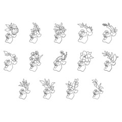 Man faces line art style with flower and leaves