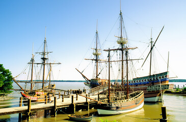 James Fort, Jamestown on the James River, Virginia, USA. Replicas of English colonists ships where...