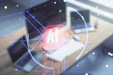 Double exposure of creative artificial Intelligence abbreviation and modern desk with computer on background. Future technology and AI concept