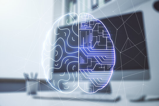 Double exposure of creative artificial Intelligence symbol and modern desktop with laptop on background. Neural networks and machine learning concept