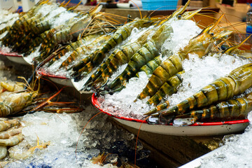 Fresh king prawn chilled with ice for preservation on sell in an open air gourmet high end exotic fresh food market in Bangkok, Thailand