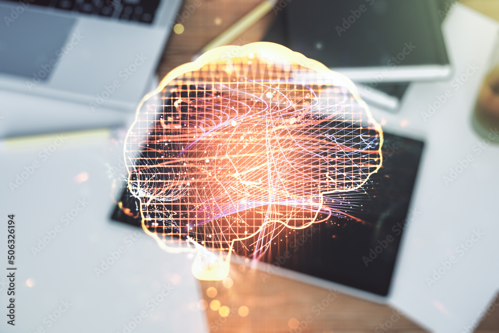 Aufkleber Creative artificial Intelligence concept with human brain hologram and modern digital tablet on background, top view. Multiexposure