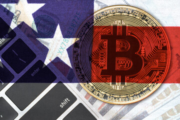 Golden Bitcoins coin and  US banknotes with US flag