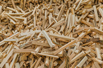 Stacked wood in the sawmill close up