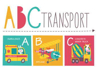 Cute vector alphabet with little animals and transport in cartoon style. A, B, C. Part 1.