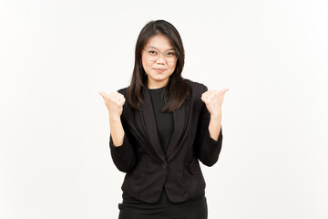 Showing Product and Pointing Right and Left Side Of Beautiful Asian Woman Wearing Black Blazer