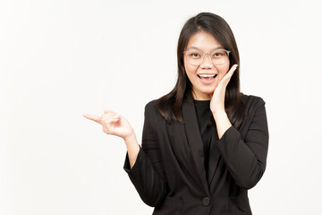 Showing Product and Pointing Side Of Beautiful Asian Woman Wearing Black Blazer Isolated On White