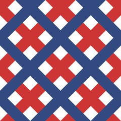 Seamless pattern. Classical cell diagonally. Contrasting red and blue diagonal lines on a white background.