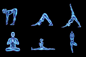 Neon image of a girl, a hologram of a girl in a yoga pose, or Pilates figures, meditation. Set of six images, healthy lifestyle, relaxation, reboot. 3D render, 3D illustration