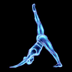 A neon image of a girl, a hologram of a girl in a yoga pose with a raised leg, or a Pilates figure. Standing in one position, healthy lifestyle, relaxation, reboot. 3D render, 3D illustration