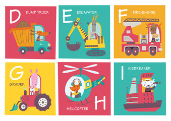 Cute vector alphabet with little animals and transport in cartoon style. D, E, F, G, H, I. Part 2.