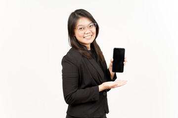 Fototapeta premium Showing Apps or Ads On Blank Screen Smartphone Of Beautiful Asian Woman Wearing Black Blazer