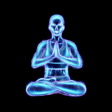 Neon image of a girl, a hologram of a girl in a lotus yoga position, or Pilates figures, meditation. Standing in one position, healthy lifestyle, relaxation, reboot. 3D render, 3D illustration