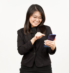 Happy Face and Using Smartphone Of Beautiful Asian Woman Wearing Black Blazer Isolated On White