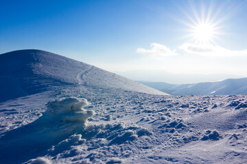 Amazing winter snowy scenery of famous and popular touristic landmark - old desolate observatory on...