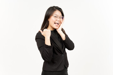 Presenting and Pointing Side Product Using Thumb Of Beautiful Asian Woman Wearing Black Blazer