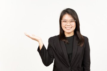 Showing and Presenting Product on Open Palm Of Beautiful Asian Woman Wearing Black Blazer